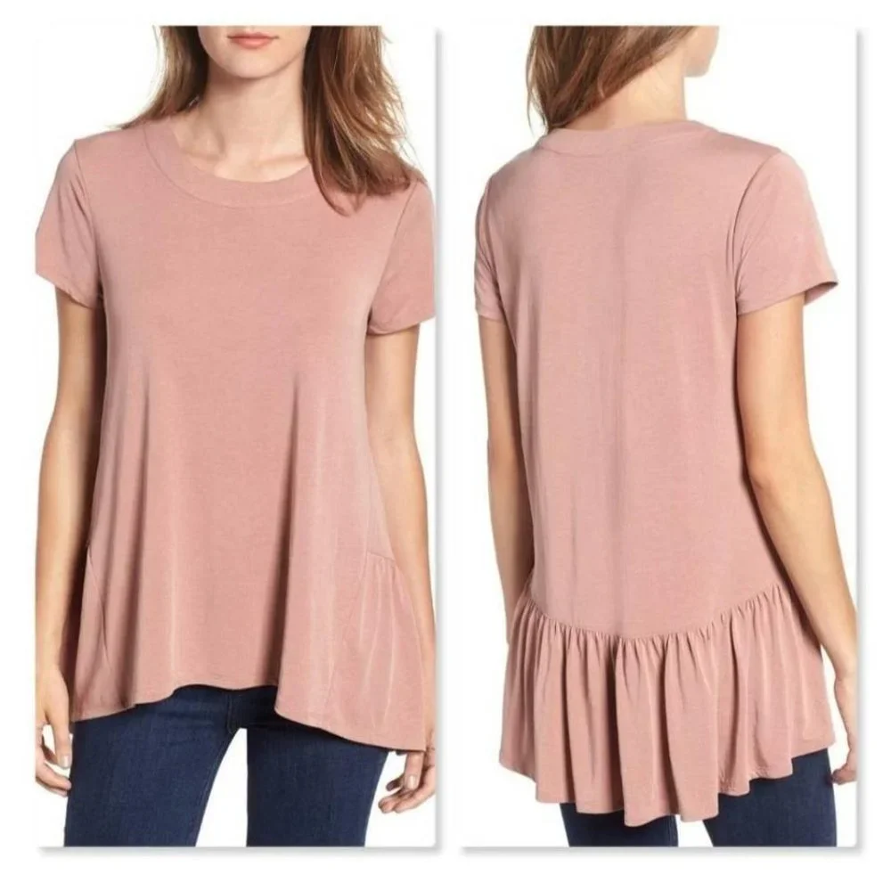 Nordstrom S Hi/Lo Ruffle Back Hem Tee Short Sleeve Shirt Black - Picture 3 of 9